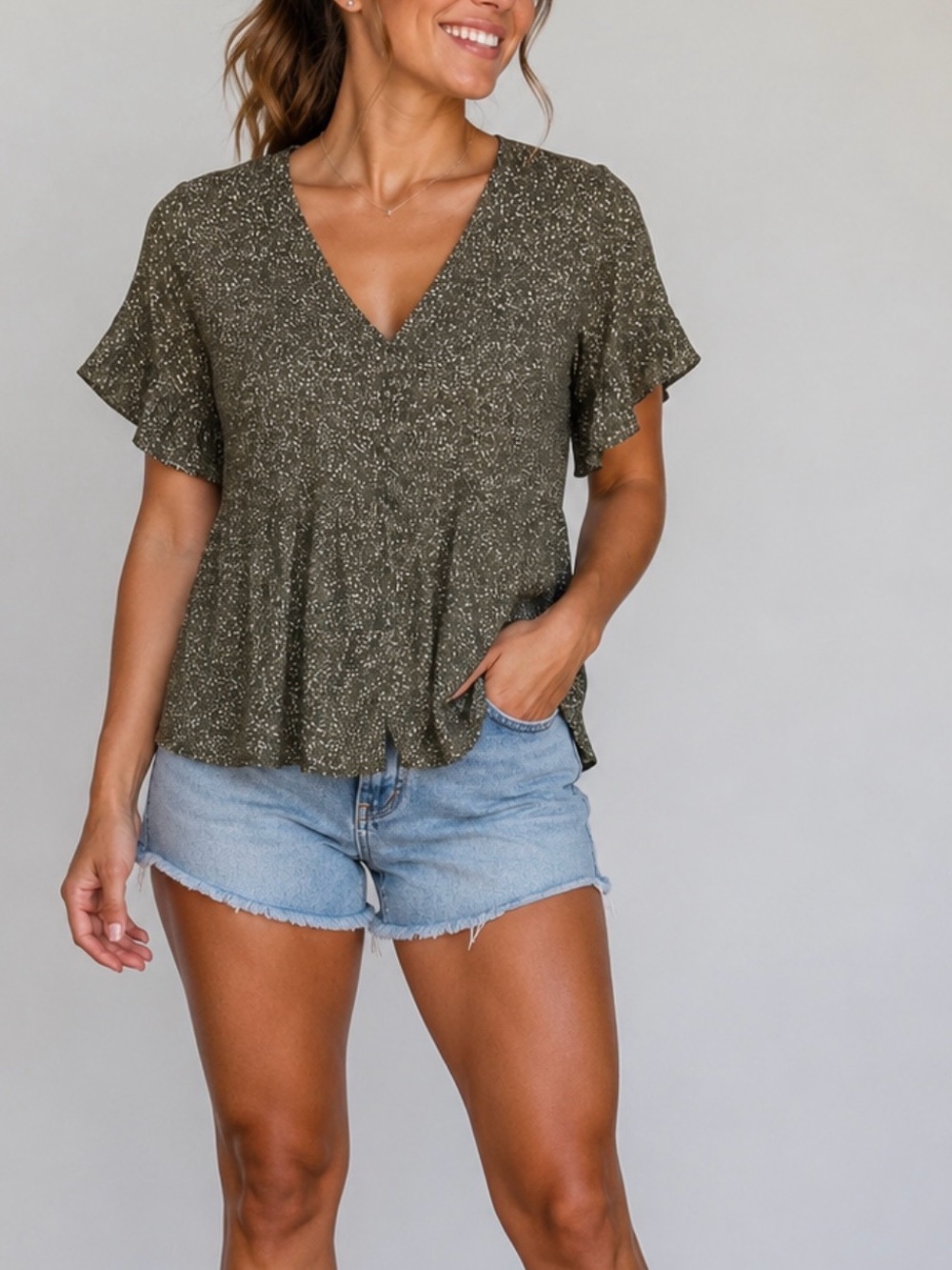Anthropology Dolan M peplum left coast green button down ruffle sleeve blouse